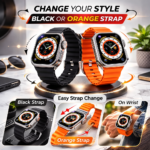 T800 Ultra Smart Watch with Bluetooth Calling, Fitness Tracking & HD Display  (BLACK AND ORENG -2 BELT )